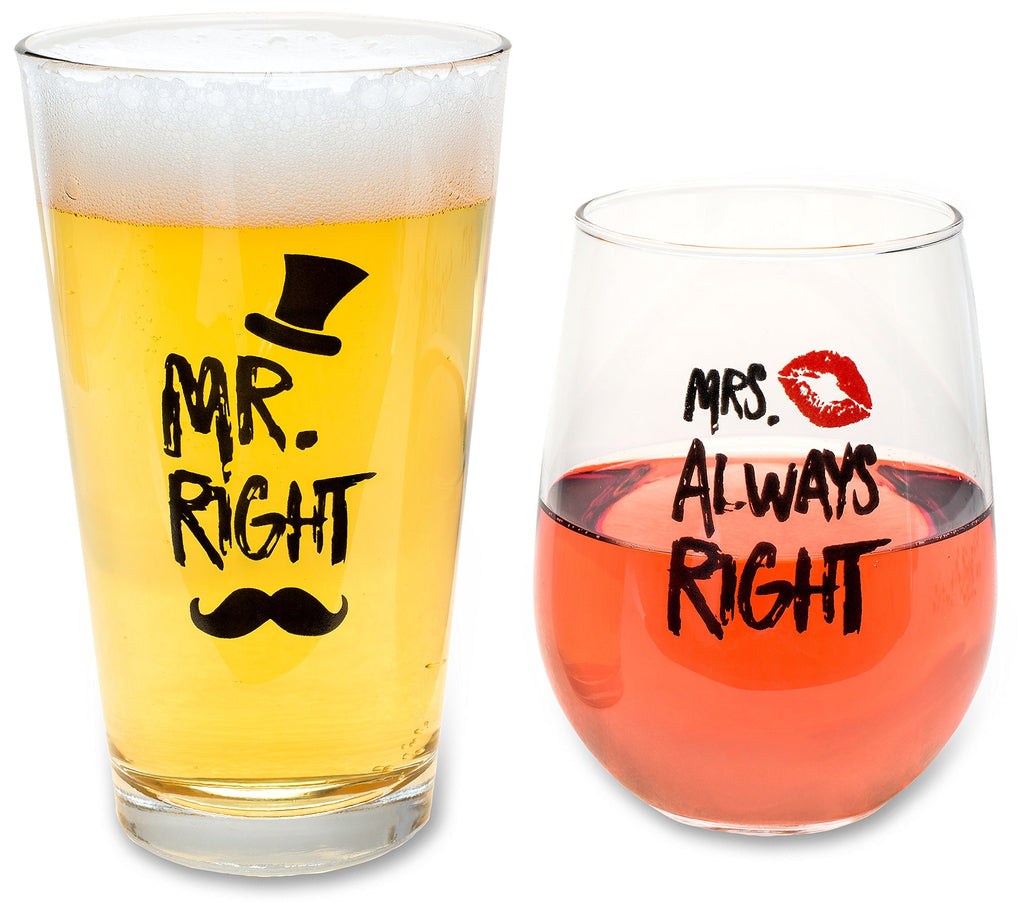 Mr. Right and Mrs. Always Right - Wine & Beer Glass Combo