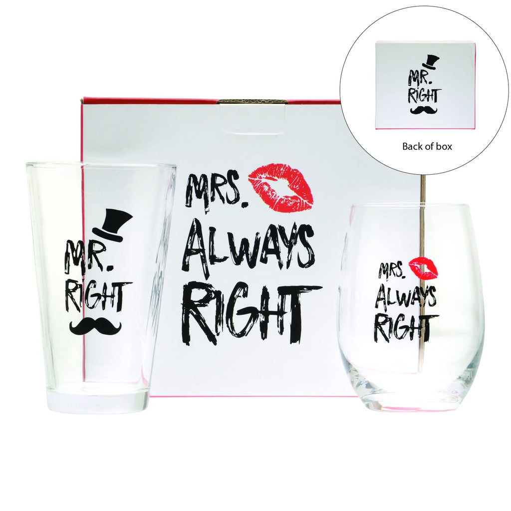Mr. Right and Mrs. Always Right - Wine & Beer Glass Combo